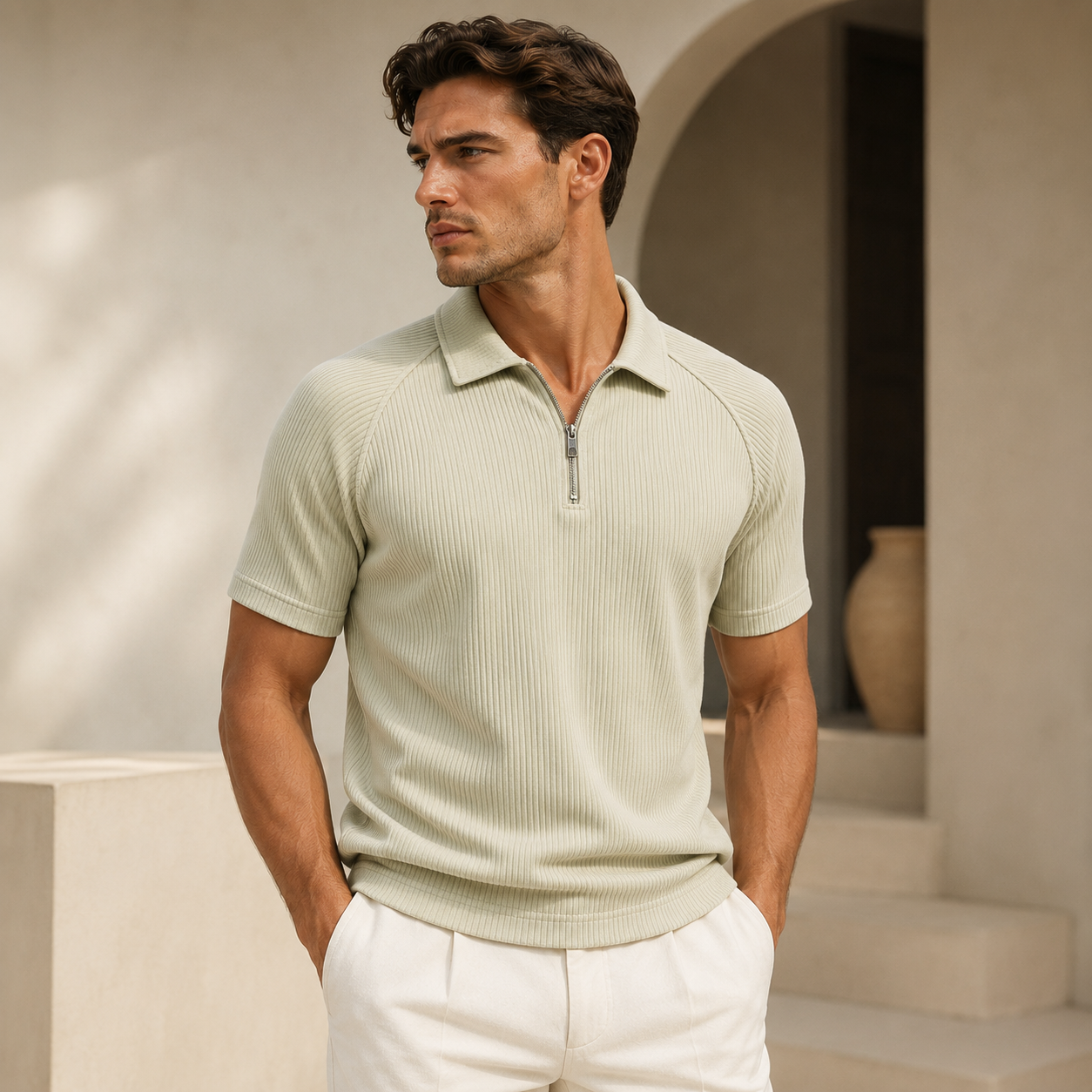 Ribbed Half-Zip Polo